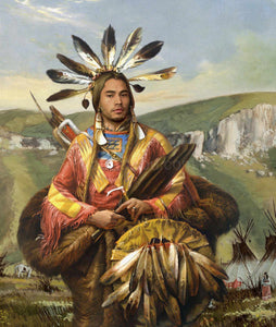 The portrait shows a man dressed in an American Indian costume with a fur coat