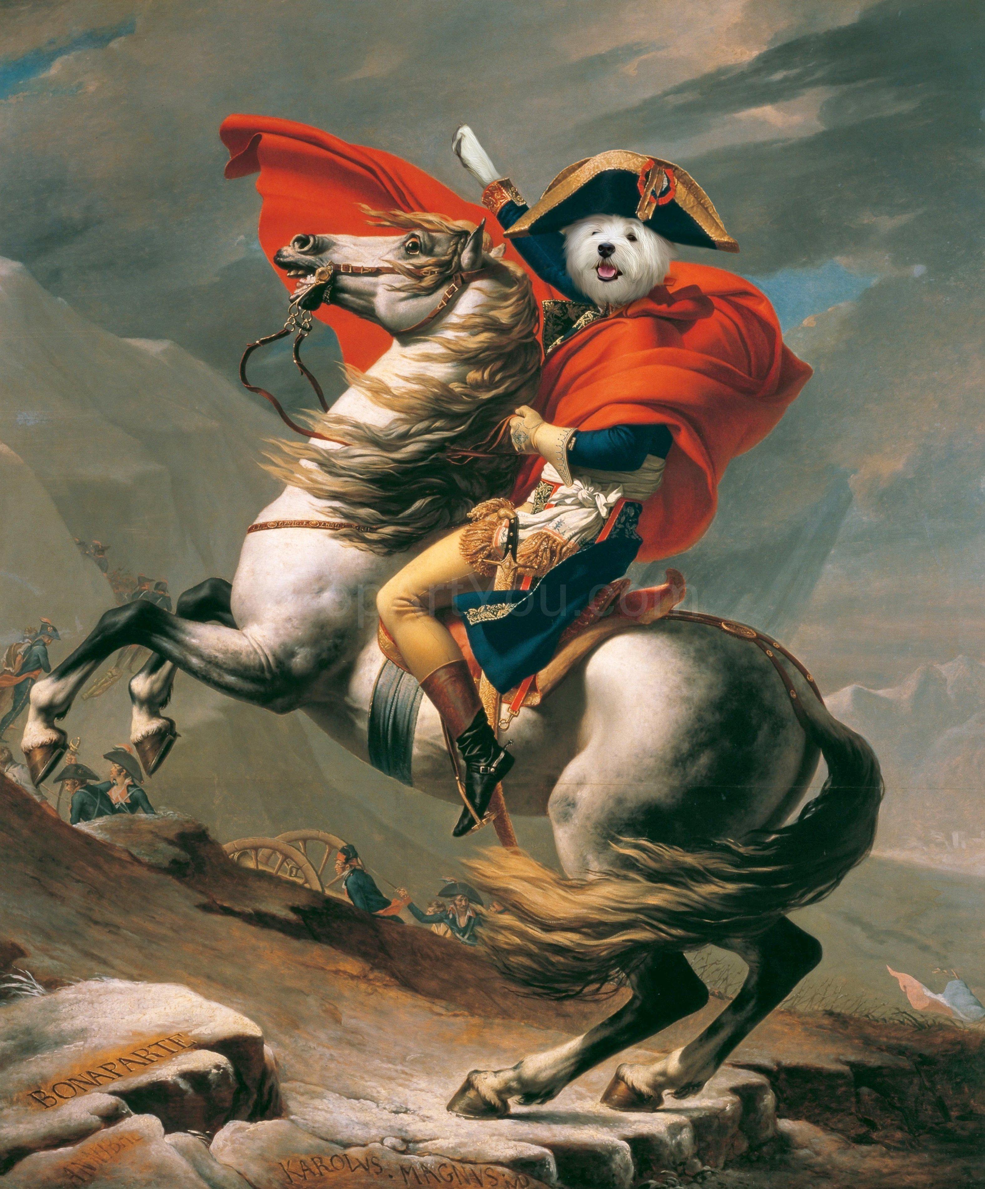 The portrait shows a dog with a human body dressed in a red Napoleon costume riding a horse