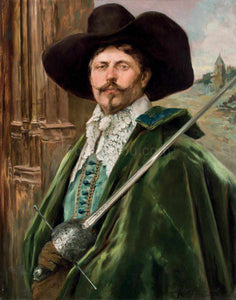 The portrait shows a man wearing a hat and wearing green regal attire