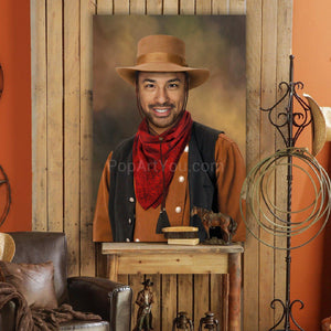 A portrait of a man dressed in Cowboy clothes with a hat stands on a wooden table next to a leather chair