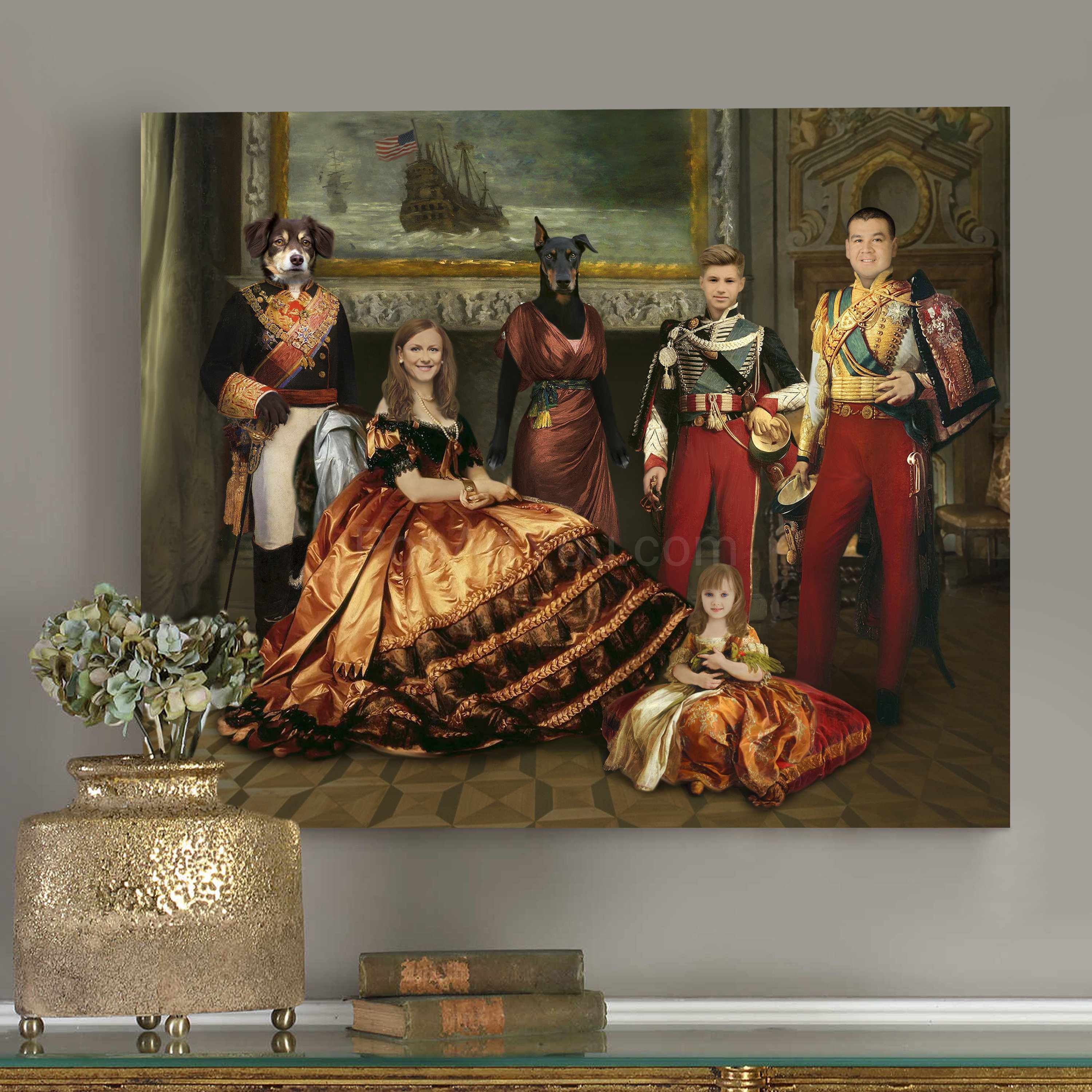 Portrait of a royal family dressed in historical gold clothes with a dog with a human body hanging on a gray wall near a golden vase