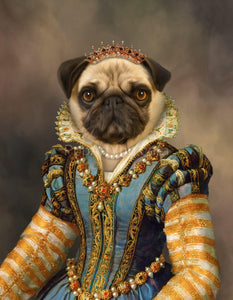 The portrait depicts a female dog with a human body dressed in a golden royal dress with a crown and ornaments