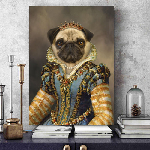 Portrait of a female dog with a human body dressed in a golden royal dress with a crown stands on a blue table near books