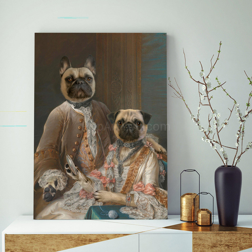 Portrait of a pair of dogs with human bodies dressed in gray royal clothes stands on a golden table near a gray vase