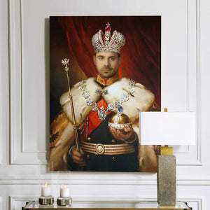 A portrait of a man dressed in regal clothes hangs on a white wall