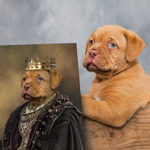A dog near a portrait of a dog dressed as a king