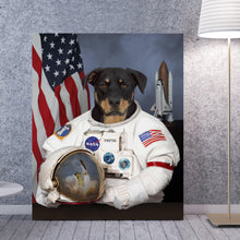 Load image into Gallery viewer, Portrait of a dog dressed in white clothes of American Astronaut stands on the floor near a floor lamp
