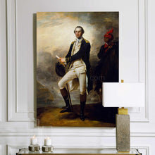 Load image into Gallery viewer, A portrait of a man with white hair dressed in renaissance regal attire hangs on the white wall near the lamp
