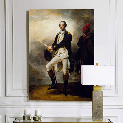 A portrait of a man with white hair dressed in renaissance regal attire hangs on the white wall near the lamp