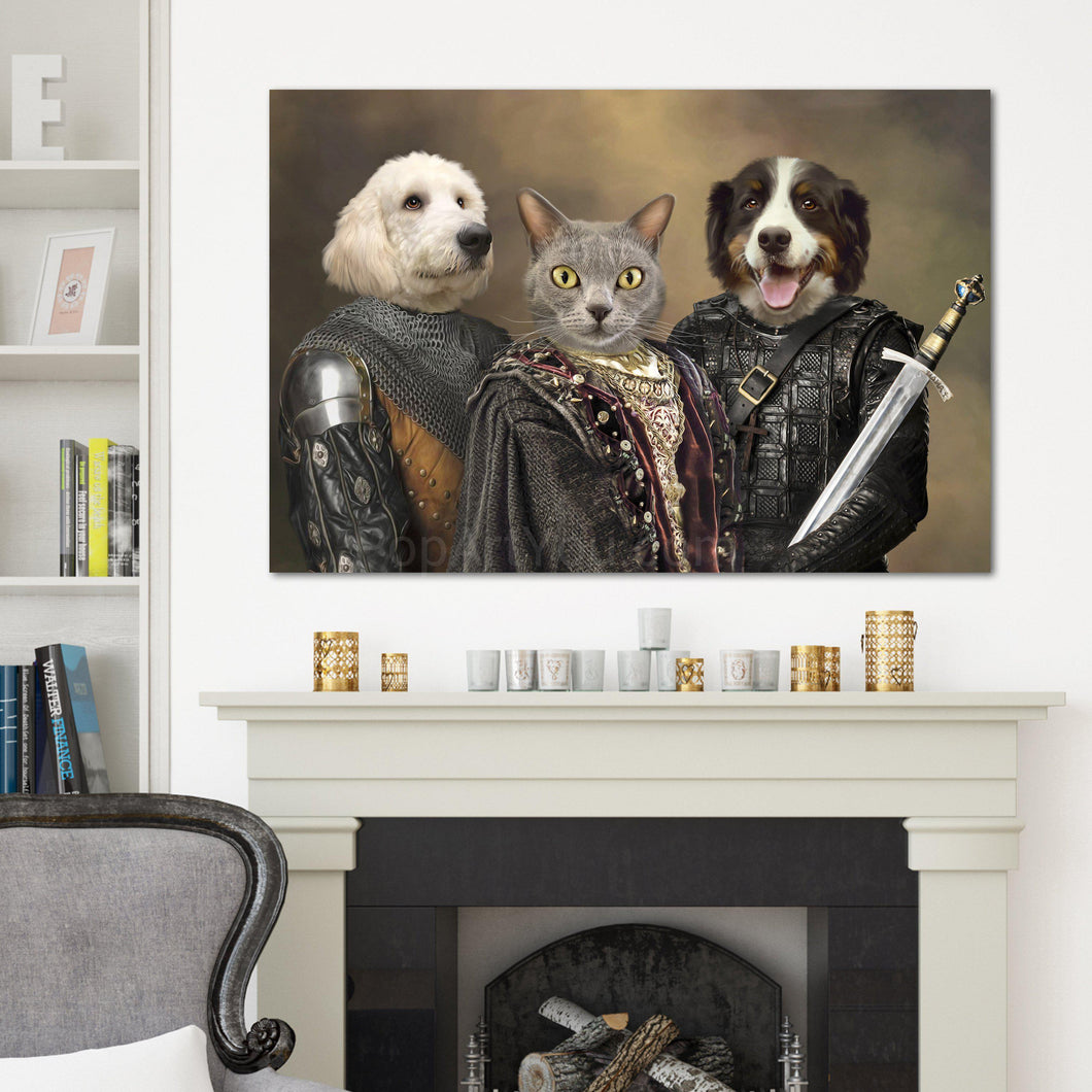 Portrait of two dogs and a cat with human bodies dressed in historical regal attires hangs on a white wall near the fireplace and an armchair