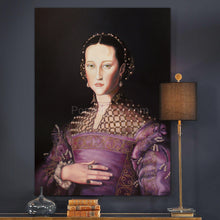 Load image into Gallery viewer, Portrait of a woman with dark hair wearing purple regal attire hangs on a blue wall above three books
