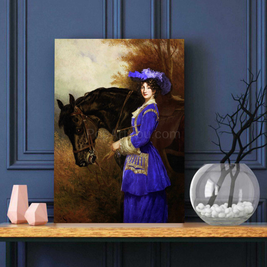 Portrait of a woman standing next to a dark brown horse dressed in purple royal clothes stands on a wooden table