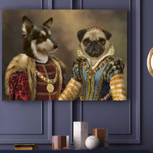 Load image into Gallery viewer, Portrait of a couple of two dogs with human bodies dressed in golden regal attires with fur hanging on a dark wall near the books
