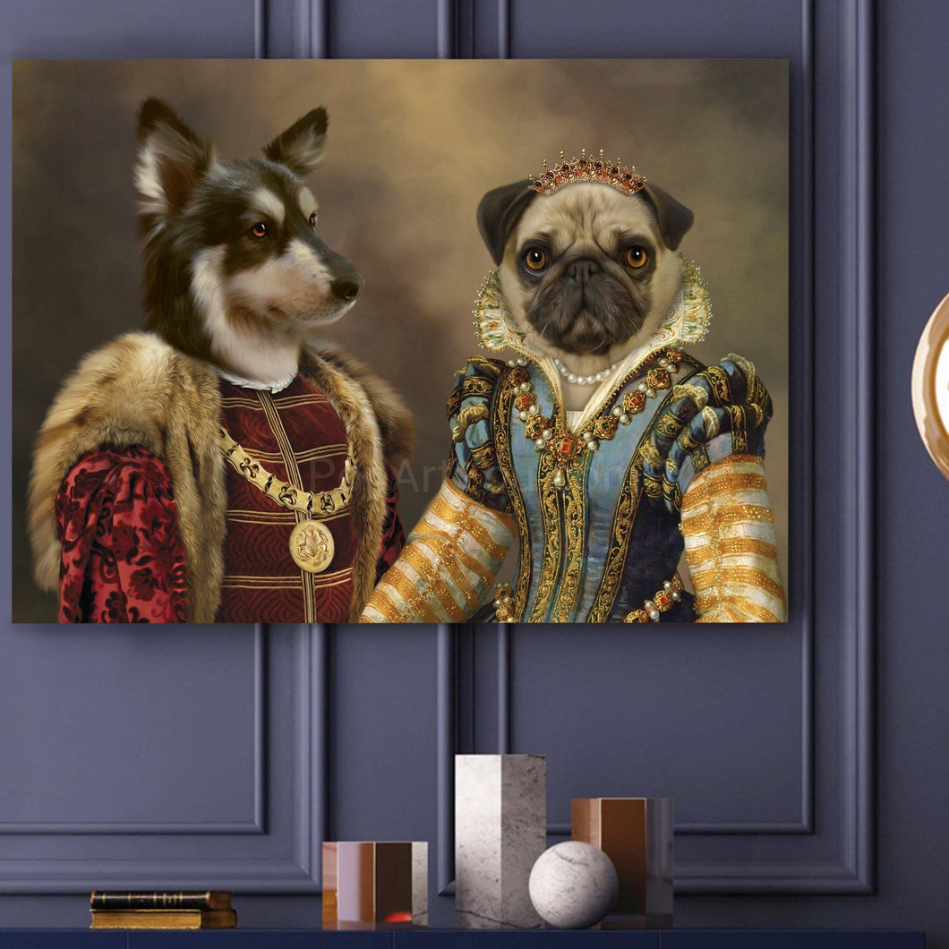 Portrait of a couple of two dogs with human bodies dressed in golden regal attires with fur hanging on a dark wall near the books