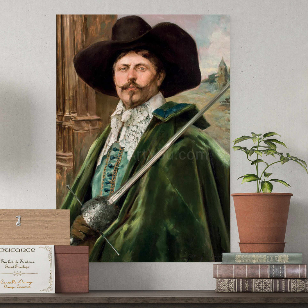 A portrait of a man in a hat dressed in royal green clothes hangs on the white wall next to the pot