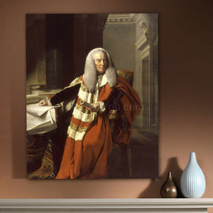 A portrait of a man with long white hair dressed in historical royal clothes hangs on the brown wall above a white table