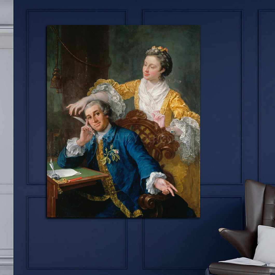 Portrait of a couple dressed in historical regal attires hangs on a blue wall near a brown chair