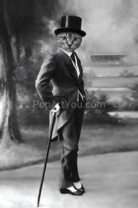 A gentleman with a cane wearing a bowler hat retro pet portrait