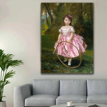 Load image into Gallery viewer, Portrait of a girl dressed in a pink royal dress hangs on a white wall above the sofa
