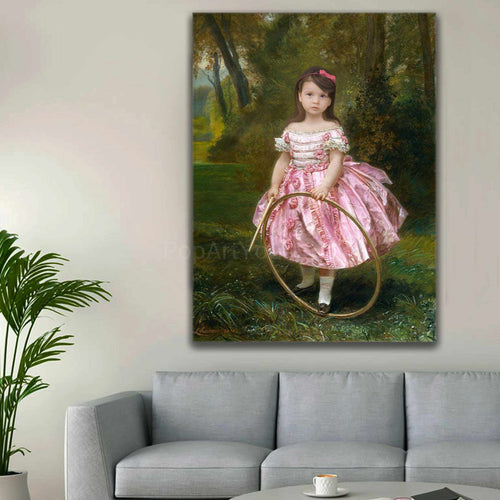 Portrait of a girl dressed in a pink royal dress hangs on a white wall above the sofa
