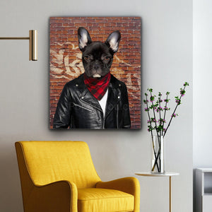 Portrait of a dog with a human body dressed in bad boy clothes hangs on a white wall near a yellow armchair
