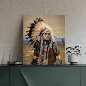 A portrait of a man dressed in American Indian clothing stands on a table against a white wall
