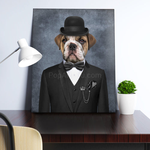 Portrait of a dog dressed in a black bowler hat stands on a wooden table near a white vase