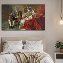 Load image into Gallery viewer, Portrait of a couple of two cats dressed in golden royal clothes sitting on thrones hangs on the beige wall above the bed
