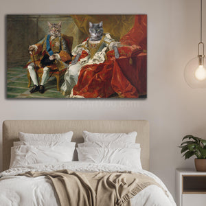 Portrait of a couple of two cats dressed in golden royal clothes sitting on thrones hangs on the beige wall above the bed
