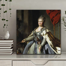 Load image into Gallery viewer, Portrait of an elderly woman dressed in royal clothes stands on a gray table next to books
