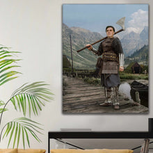 Load image into Gallery viewer, A portrait of a man dressed as a Viking holding a big axe hangs on a white wall
