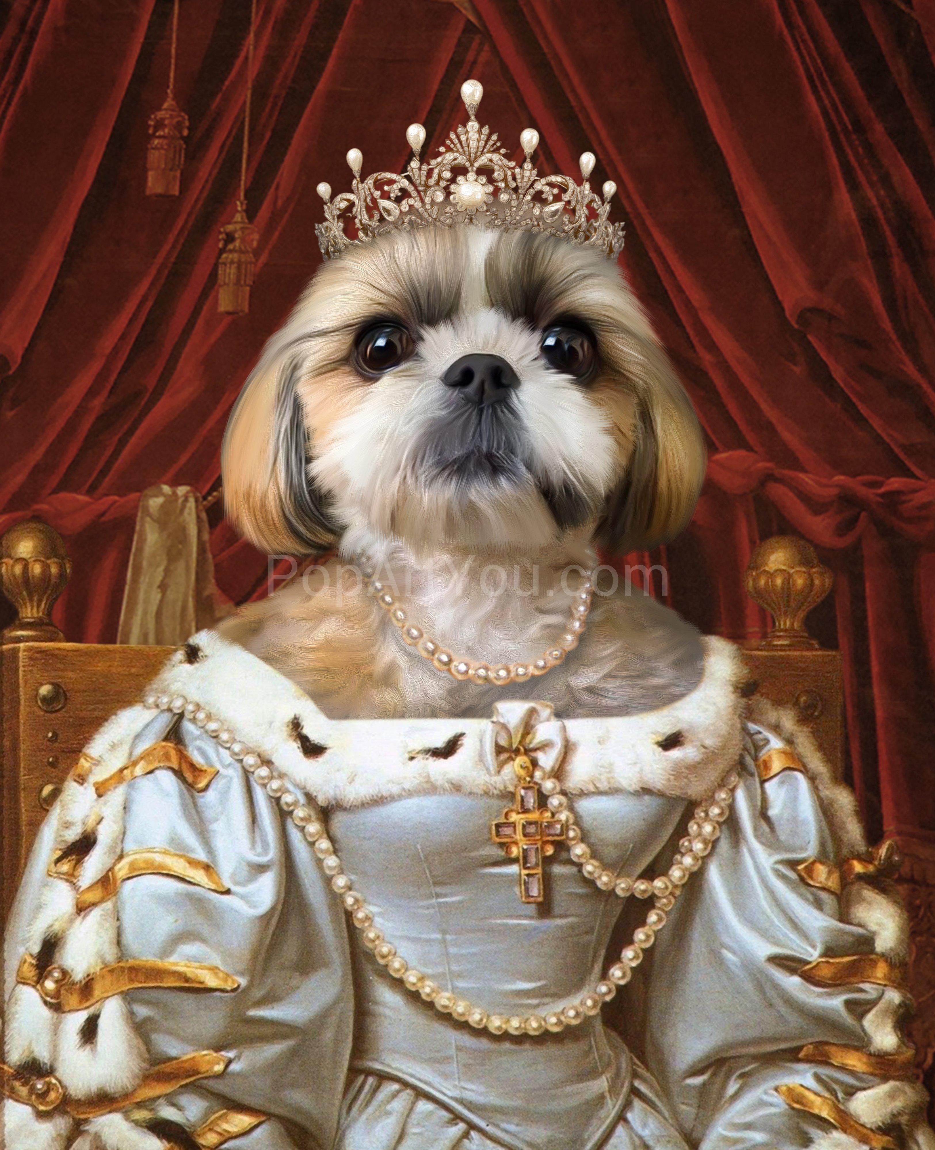 The portrait shows a female dog with a human body dressed in a white regal dress with a crown and a cross