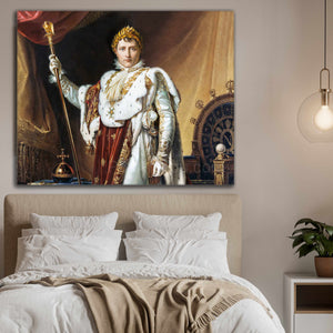 A portrait of a man dressed in regal clothes hangs above the bed