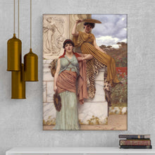 Load image into Gallery viewer, Portrait of two women dressed in historical regal attires hangs on a gray wall next to three lamps

