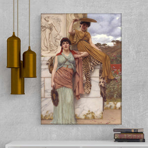 Portrait of two women dressed in historical regal attires hangs on a gray wall next to three lamps
