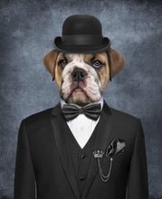 Load image into Gallery viewer, The portrait shows a dog dressed in a black bowler hat and black costume
