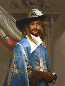 The portrait shows a man in a hat wearing renaissance blue regal attire