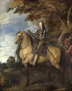 The portrait shows a man in a field sitting on a horse dressed in renaissance regal attire