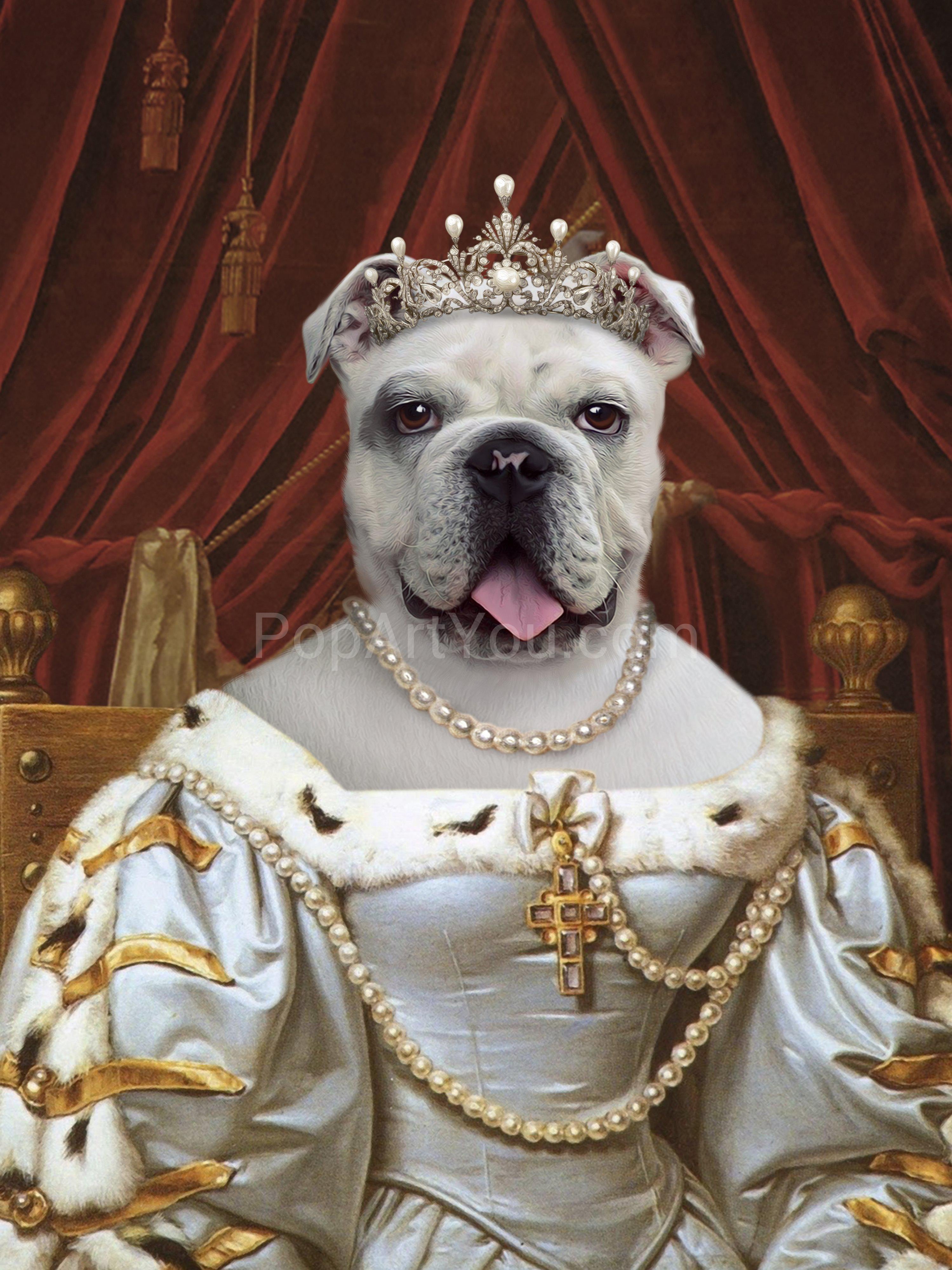 The portrait shows a female dog with a human body dressed in a white royal dress with a crown and a cross