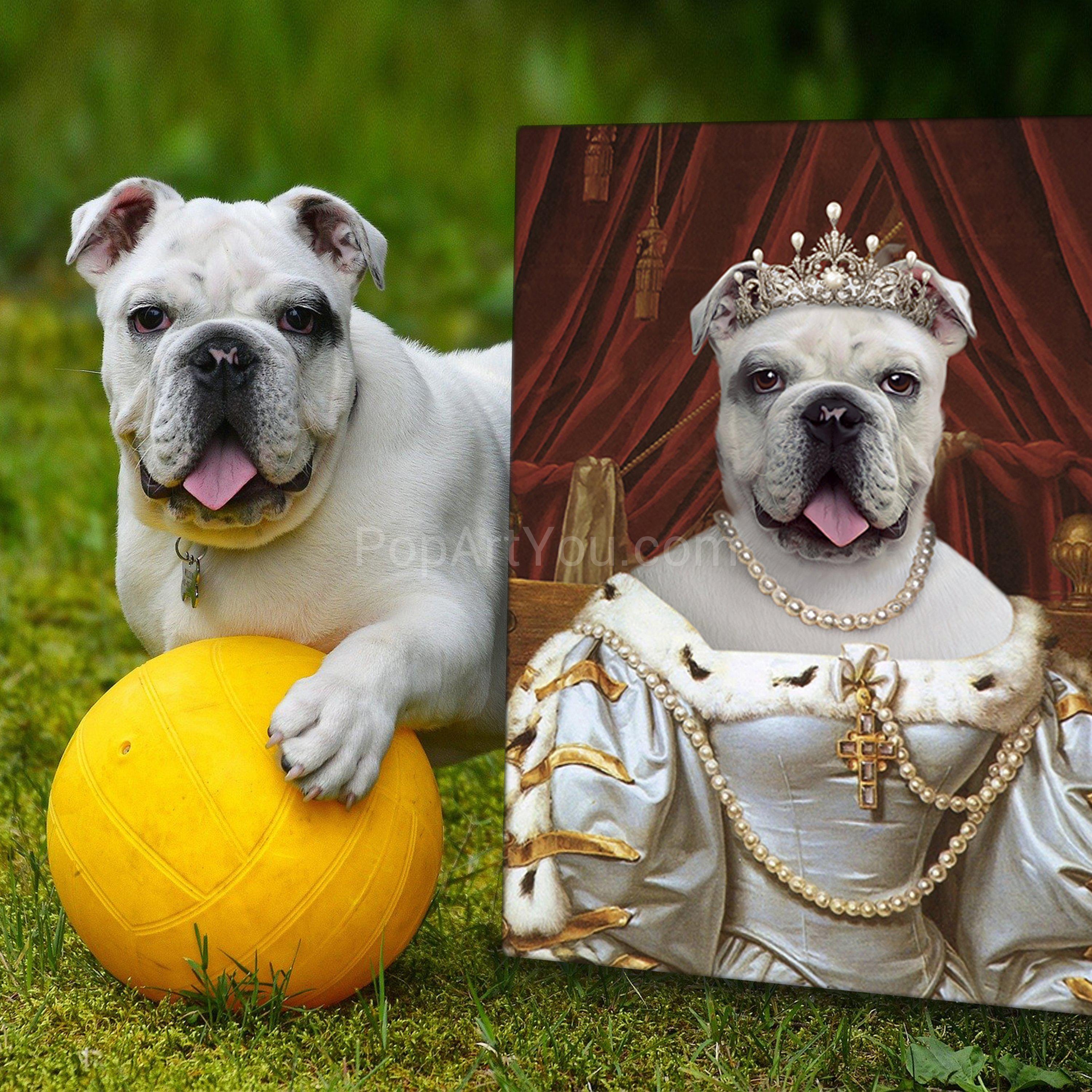 A female dog with a yellow ball stands near a portrait of himself with a human body wearing a white royal dress with a crown