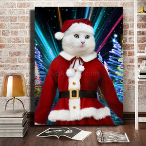 Portrait of a cat with a human body dressed in red clothes Mrs. Claus is standing on the wooden floor near books