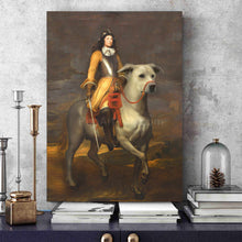 Load image into Gallery viewer, A portrait of a man dressed in regal attire running on a huge dog stands on a blue table next to the books
