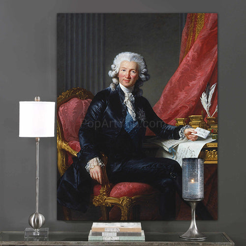 A portrait of a man with long white hair dressed in historical royal clothes hangs on the gray wall next to a lamp
