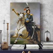 Load image into Gallery viewer, Portrait of a woman riding a horse dressed in green regal attire stands on a blue table next to books
