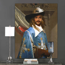 Load image into Gallery viewer, A portrait of a man in a hat dressed in renaissance royal blue clothes hangs on the gray wall next to the lamp
