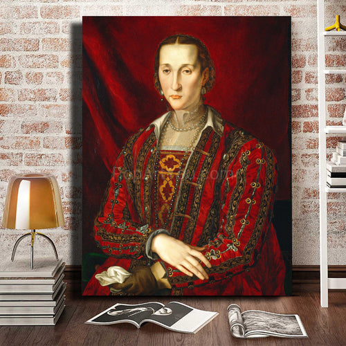 Portrait of a woman with dark hair dressed in red royal clothes stands on the wooden floor near the books