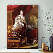 Load image into Gallery viewer, A portrait of an elderly man dressed in gold regal attire stands on a white table next to a gray vase
