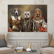 Load image into Gallery viewer, Portrait of two dogs and a cat with human bodies dressed in historical royal clothes hangs on a white wall near two armchairs
