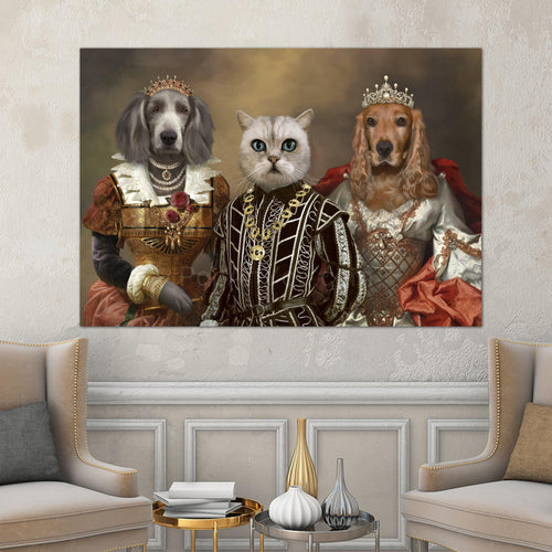 Portrait of two dogs and a cat with human bodies dressed in historical royal clothes hangs on a white wall near two armchairs