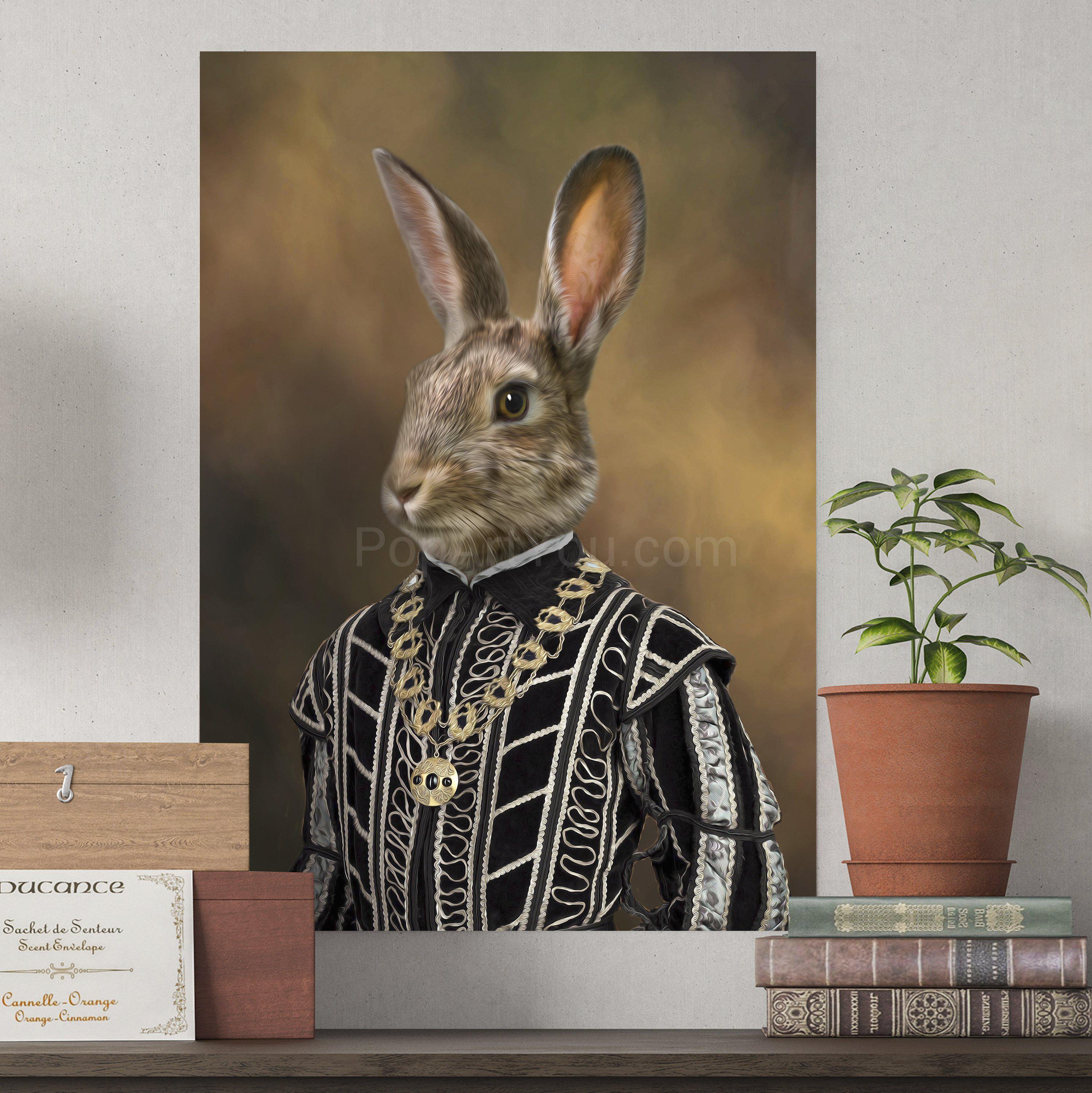 Portrait of a rabbit with a human body, dressed in historical costume, hangs on a white wall next to a flower in a pot and books